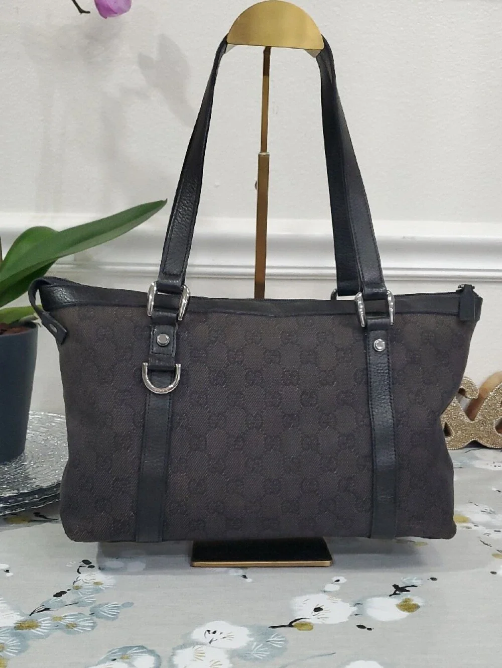 🇮🇹Gucci Black GG Canvas Abbey Medium Black Shoulder/Handbag Tote Bag